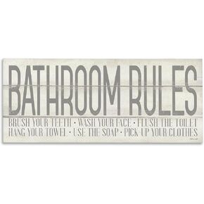 The Stupell Home Décor Grey and White Planked Look Bathroom Rules Typography Stretched Canvas Wall Art, 10x24, Multicolor
