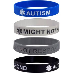AUTISM - MIGHT NOT RESPOND Medical Alert ID Adult Size Silicone Bracelets (4Pack)