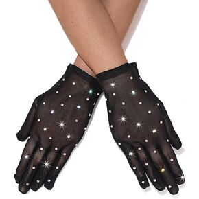 Black Sparkly Rhinestone Gloves Lace Short Glove Prom Crystal Glove for Women