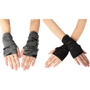 Women's Punk Fingerless Glove Cosplay Arm Warmers Black Broken Slit Ripped Gothic Gloves Halloween Costume Accessories 2 Pairs