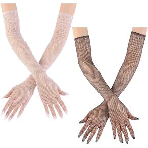 Rhinestone Fishnet Gloves Women Sparkly Rhinestone Gloves Mesh Gloves Long Gloves Fishnet Arm Sleeve Black White Long Costume Gloves Fashion Mesh Opera Gloves for Party Halloween Costumes Accessories