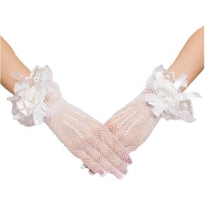 Women's Wedding Gloves Short Lace Mesh Gloves Finger Lace Flower Bow Short Gloves for Brides Lace Gloves for Wedding Opera Tea Party Prom, White