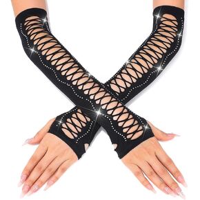 GORTIN Rhinestones Long Gloves Black Elbow Length Fishnet Gloves Opera Prom Tea Party Halloween Fingerless Glove for Women
