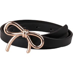 Womens Leather Belt Gold Bow Skinny Belt for Dresses Dress Jeans Ladies Thin Waist Belt for Pants