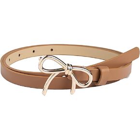 Womens Leather Belt Gold Bow Skinny Belt for Dresses Dress Jeans Ladies Thin Waist Belt for Pants