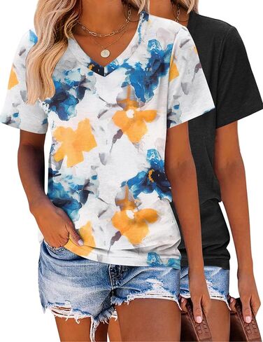 Zeagoo 2 Pack Short Sleeve Shirts for Women Casual Soft V Neck Basic Tee Tops Summer Outfit Clothes in Saudi Arabia