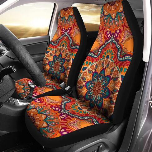 Bulopur Red Boho Mandala Flowers Printed Car Seat Covers for Women Men Xmas Car Decor Protective Seat Cushion for Sedan SUV Truck Auto in Saudi Arabia