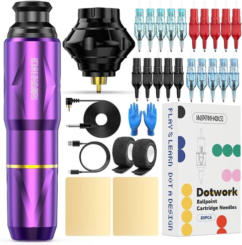 Wormhole Tattoo Kit, Rotary Tattoo Machine Kit Complete Tattoo Gun Kit Tattoo Pen Kit for Beginners with 40 Tattoo Cartridge Needles 30ml Tattoo Ink WTK174 in Saudi Arabia
