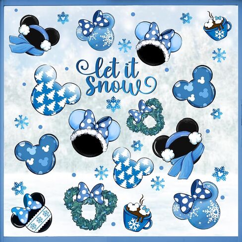 Mfault Winter Cartoon Mouse Blue Window Clings 4 Sheets, Let It Snow Wreath Hot Cocoa Stickers Decals Decorations, Seasonal Snowflake Pine Tree Home Kitchen Decor in Kuwait