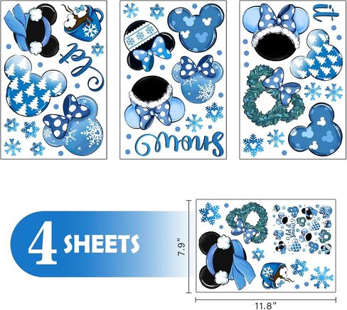 Mfault Winter Cartoon Mouse Blue Window Clings 4 Sheets, Let It Snow Wreath Hot Cocoa Stickers Decals Decorations, Seasonal Snowflake Pine Tree Home Kitchen Decor in Kuwait