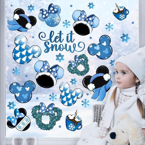 Mfault Winter Cartoon Mouse Blue Window Clings 4 Sheets, Let It Snow Wreath Hot Cocoa Stickers Decals Decorations, Seasonal Snowflake Pine Tree Home Kitchen Decor in Kuwait