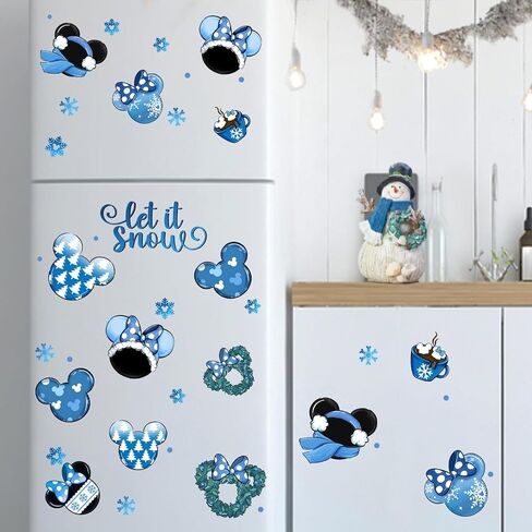 Mfault Winter Cartoon Mouse Blue Window Clings 4 Sheets, Let It Snow Wreath Hot Cocoa Stickers Decals Decorations, Seasonal Snowflake Pine Tree Home Kitchen Decor in Kuwait