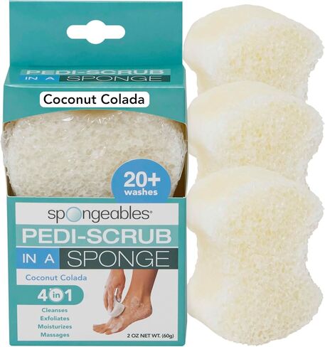 Spongeables Pedi-Scrub Foot Buffer, Clean & Fresh Scent, Contains Shea Butter and Tea Tree Oil, Foot Exfoliating Sponge with Heel Buffer and Pedicure Oil, 20+ Washes, Pack of 3 in Kuwait