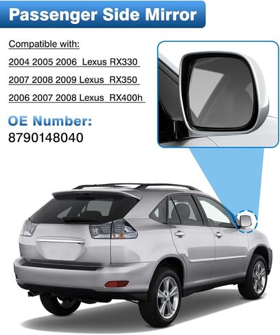 استبدال زجاج المرآة الجانبية للركاب لكزس RX330 2004-2006| آر إكس 350 2007-2009| RX400h 2006-2009، زجاج مرآة الجانب الأيمن، زجاج محدب للرؤية الخلفية مع تسخين كهربائي، 8790148040 in Kuwait