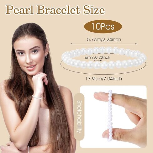 10Pcs White Pearl Bracelets for Women, 0.2'' Faux Pearl Bracelet Stack, Stretch Fake Pearls Bead Bracelets, Elastic Stackable Pearl Bracelet Set for Bridesmaid Wedding Bridal Party Gifts in Saudi Arabia