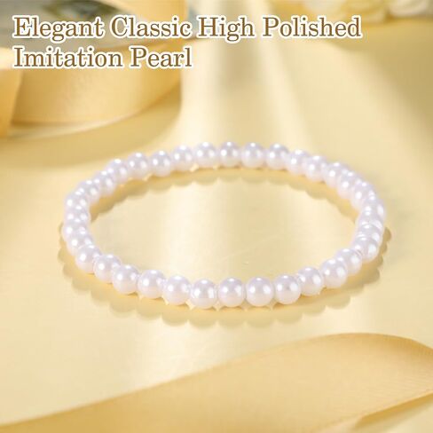 10Pcs White Pearl Bracelets for Women, 0.2'' Faux Pearl Bracelet Stack, Stretch Fake Pearls Bead Bracelets, Elastic Stackable Pearl Bracelet Set for Bridesmaid Wedding Bridal Party Gifts in Saudi Arabia