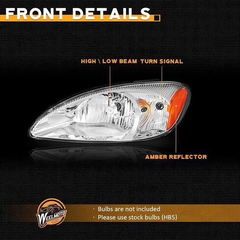 مجموعة المصابيح الأمامية لـ 2000-2007 Ford Taurus، استبدال مجموعة المصابيح الأمامية لـ 2000 2001 2002 2003 2004 2005 2006 2007 Ford Taurus Headlamp Chrome Housing Amber عاكس يسار + الجانب الأيمن in Saudi Arabia