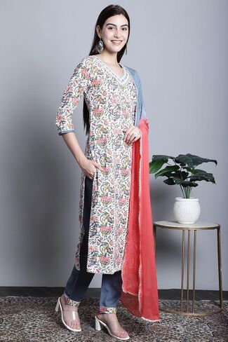 Rajnandini Women's Pure Cotton Jaipuri Printed And Embroidered Kurta Set With Dupatta (JOPLJPR835-P) in Saudi Arabia
