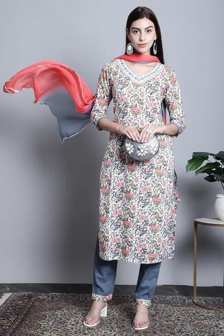 Rajnandini Women's Pure Cotton Jaipuri Printed And Embroidered Kurta Set With Dupatta (JOPLJPR835-P) in Saudi Arabia