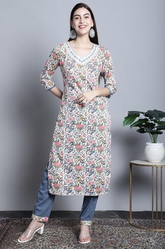 Rajnandini Women's Pure Cotton Jaipuri Printed And Embroidered Kurta Set With Dupatta (JOPLJPR835-P) in Saudi Arabia