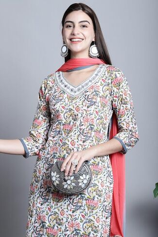 Rajnandini Women's Pure Cotton Jaipuri Printed And Embroidered Kurta Set With Dupatta (JOPLJPR835-P) in Saudi Arabia