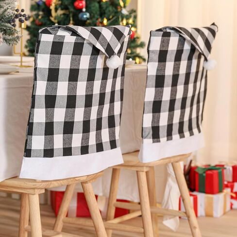 6PCS Xmas Red Black Buffalo Plaid Chair Back Covers Festival Santa Hat Chair Cover for Dining Decoration in Saudi Arabia