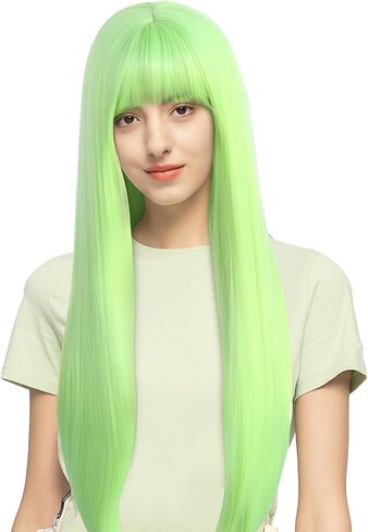 Lime Green Wig with Bangs Long Straight Green Wig for Women Girls Heat Resistant Synthetic Cosplay Party Costume Wig in Saudi Arabia