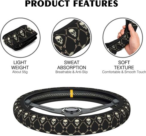 Skulls and Bones Steering Wheel Cover Anti-Slip Car Accessories Absorbing Sweat Breathable Steering Wheel Protector for Men Women Girls Universal 15 Inch Car Interior Decor in Saudi Arabia