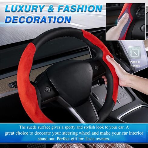 for Tesla Model Y Steering Wheel Cover Decorative,Fit Model 3 Suede Steering Wheel Cover Protection Interior Auto Non Slip Grip Function Accessories 2Pcs(Black) in Kuwait