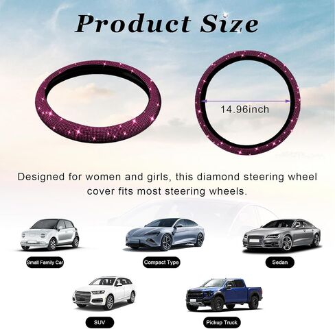 Bling Steering Wheel Cover, 15 Inch Crystal Diamond Car Steering Wheel Protector for Women Girls, Sparkling Anti-Slip Steering Wheel Decor Accessories for Most Vehicles (Black) in Kuwait