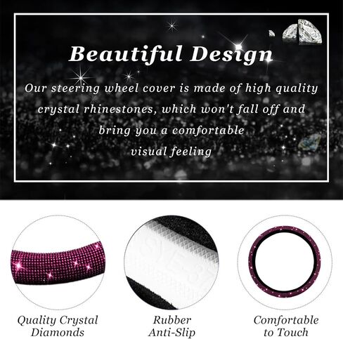 Bling Steering Wheel Cover, 15 Inch Crystal Diamond Car Steering Wheel Protector for Women Girls, Sparkling Anti-Slip Steering Wheel Decor Accessories for Most Vehicles (Black) in Kuwait