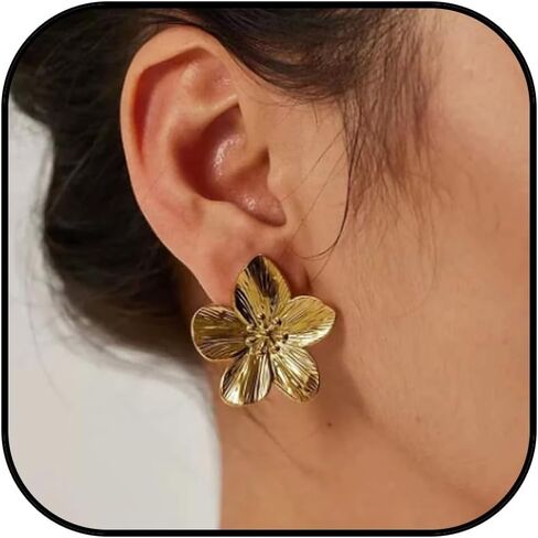 Gold Flower Earrings for Women Large Flower Drop Earrings Flower Statement Earrings Chunky Floral Earrings Exaggerated Flower Gold Earrings Jewelry Gifts for Girls in Kuwait