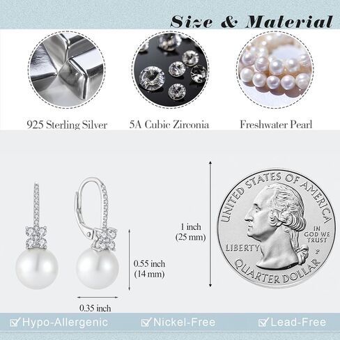 Women's Pearl Earrings 925 Sterling Silver Freshwater Pearl Dangle Drop Earrings with 5A Cubic Zirconia Valentine's Day Birthday Jewelry Gifts in Kuwait