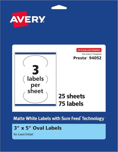 ملصقات Avery بيضاوية بيضاء غير لامعة مع تغذية مؤكدة، 3 بوصة × 5 بوصة، 75 ملصق أبيض غير لامع قابل للطباعة in Saudi Arabia