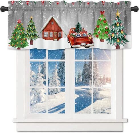 Christmas Window Valances Farm Red Truck Valance Kitchen Curtains with Rod Pocket Winter Window Treatments Short Curtain Panels for Bedroom Living Room Decor 54" X 18" in Kuwait