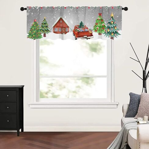 Christmas Window Valances Farm Red Truck Valance Kitchen Curtains with Rod Pocket Winter Window Treatments Short Curtain Panels for Bedroom Living Room Decor 54" X 18" in Kuwait