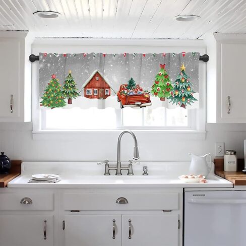 Christmas Window Valances Farm Red Truck Valance Kitchen Curtains with Rod Pocket Winter Window Treatments Short Curtain Panels for Bedroom Living Room Decor 54" X 18" in Kuwait