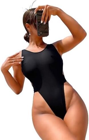 Sexy Solid Color Gemstone Thong Low Back One Piece Swimsuit in Black Nylon for Women in Saudi Arabia