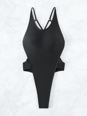 Sexy Solid Color Gemstone Thong Low Back One Piece Swimsuit in Black Nylon for Women in Saudi Arabia