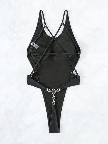 Sexy Solid Color Gemstone Thong Low Back One Piece Swimsuit in Black Nylon for Women in Saudi Arabia