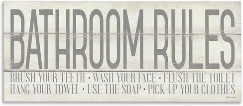 The Stupell Home Décor Grey and White Planked Look Bathroom Rules Typography Stretched Canvas Wall Art, 10x24, Multicolor in Saudi Arabia