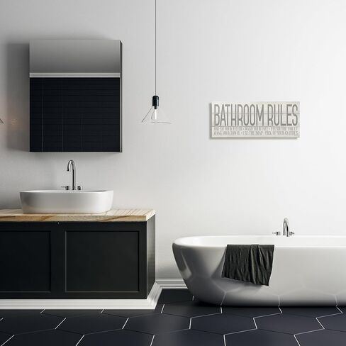 The Stupell Home Décor Grey and White Planked Look Bathroom Rules Typography Stretched Canvas Wall Art, 10x24, Multicolor in Saudi Arabia