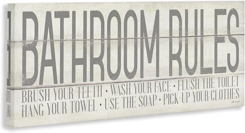 The Stupell Home Décor Grey and White Planked Look Bathroom Rules Typography Stretched Canvas Wall Art, 10x24, Multicolor in Saudi Arabia
