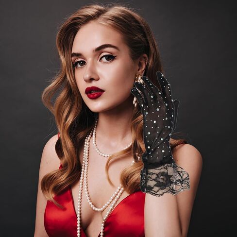 Lusofie Wedding Gloves Glitter Rhinestones Short Ladies Tulle Gloves Women Tea Party Formal Lace Gloves for Girls Bridal in Saudi Arabia