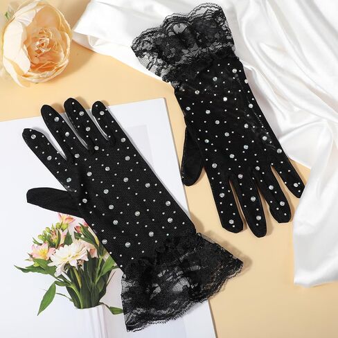 Lusofie Wedding Gloves Glitter Rhinestones Short Ladies Tulle Gloves Women Tea Party Formal Lace Gloves for Girls Bridal in Saudi Arabia