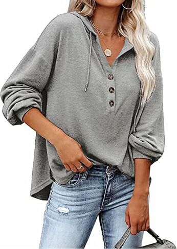 Womens Lightweight Hoodie Pullover Tshirt Long Sleeve Button Down Oversized Hoodie Blouse Tops in Kuwait