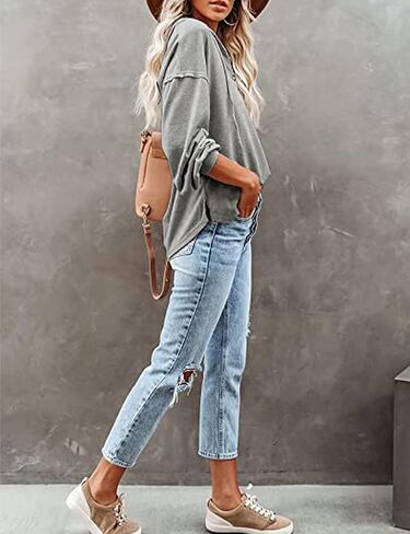 Womens Lightweight Hoodie Pullover Tshirt Long Sleeve Button Down Oversized Hoodie Blouse Tops in Kuwait