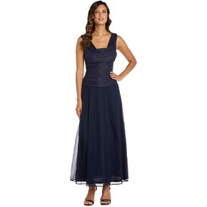 R&M Richards Long Sleeveless Glitter Panel Dress W/Ruched Side