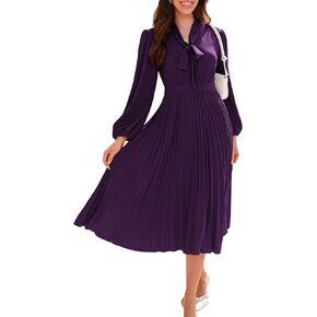 GRACE KARIN Womens 2024 Fall Long Sleeve Dress Casual V Neck Pleated A Line Flowy Midi Dresses