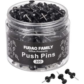 FUDAO FAMILY 300pcs Push Pins for Bulletin Board, Thumb Tacks for Wall Corkboard, Map Pins - Home Office School Craft Projects Plastic Head Steel Push Pin (Black)